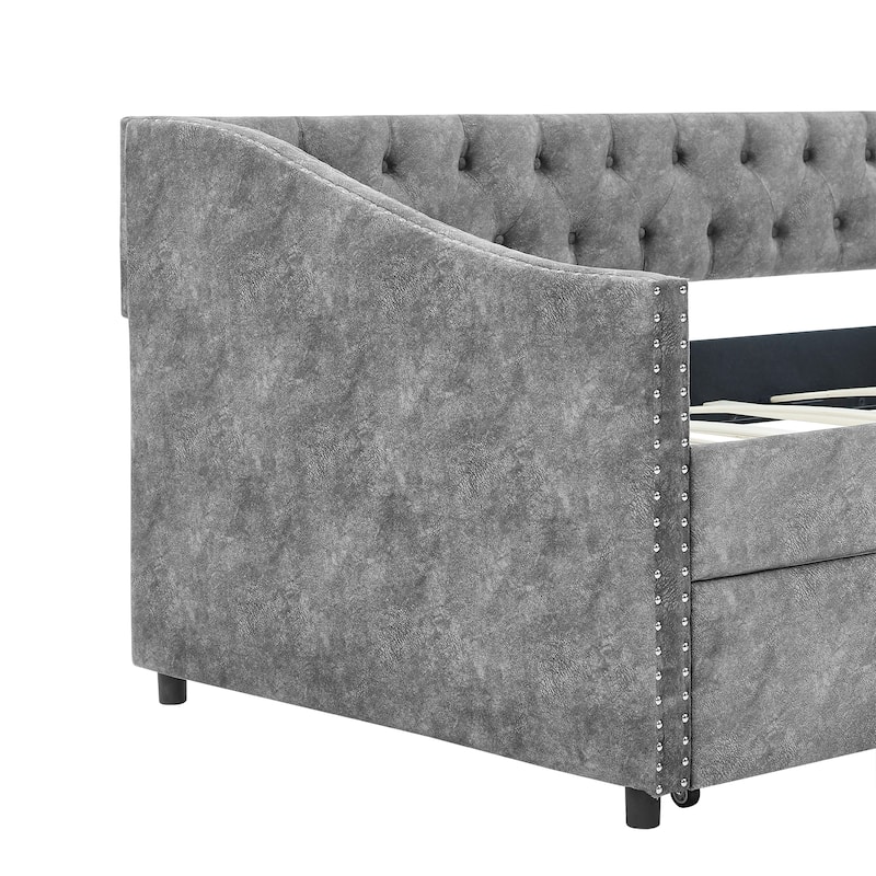 Mid-Century Linen Upholstered Daybed Platform Bed Frame with Storage Drawers, Button Tufted Back and Nailhead Trim Arms