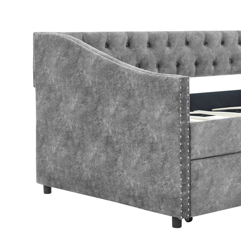 Twin Size Linen Upholstered Daybed Frame with 2 Drawers, Buttons Tufted Backrest, Copper Nail Decoration