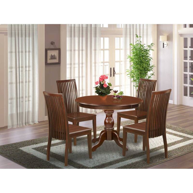 HomeStock 5-Piece Mahogany Finish Solid Wood Top Dining table with 4 Chairs with Slat Back
