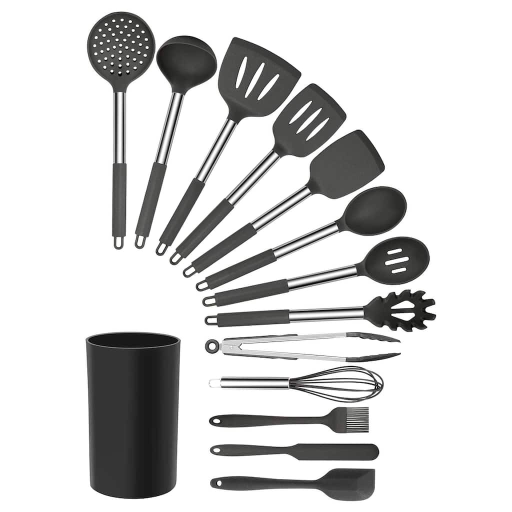 Set of 14 Grey Silicone and Stainless-Steel Dishwasher Safe Cooking Utensils Set
