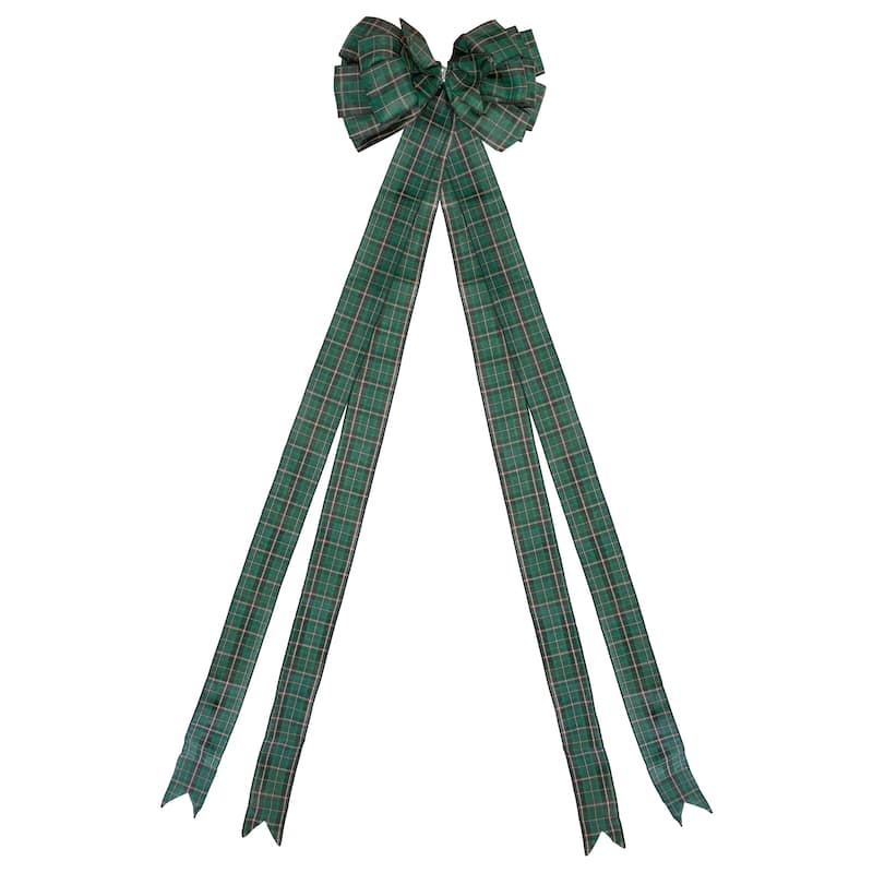 50" Green and Black Plaid 16 Loop Christmas Bow Decoration