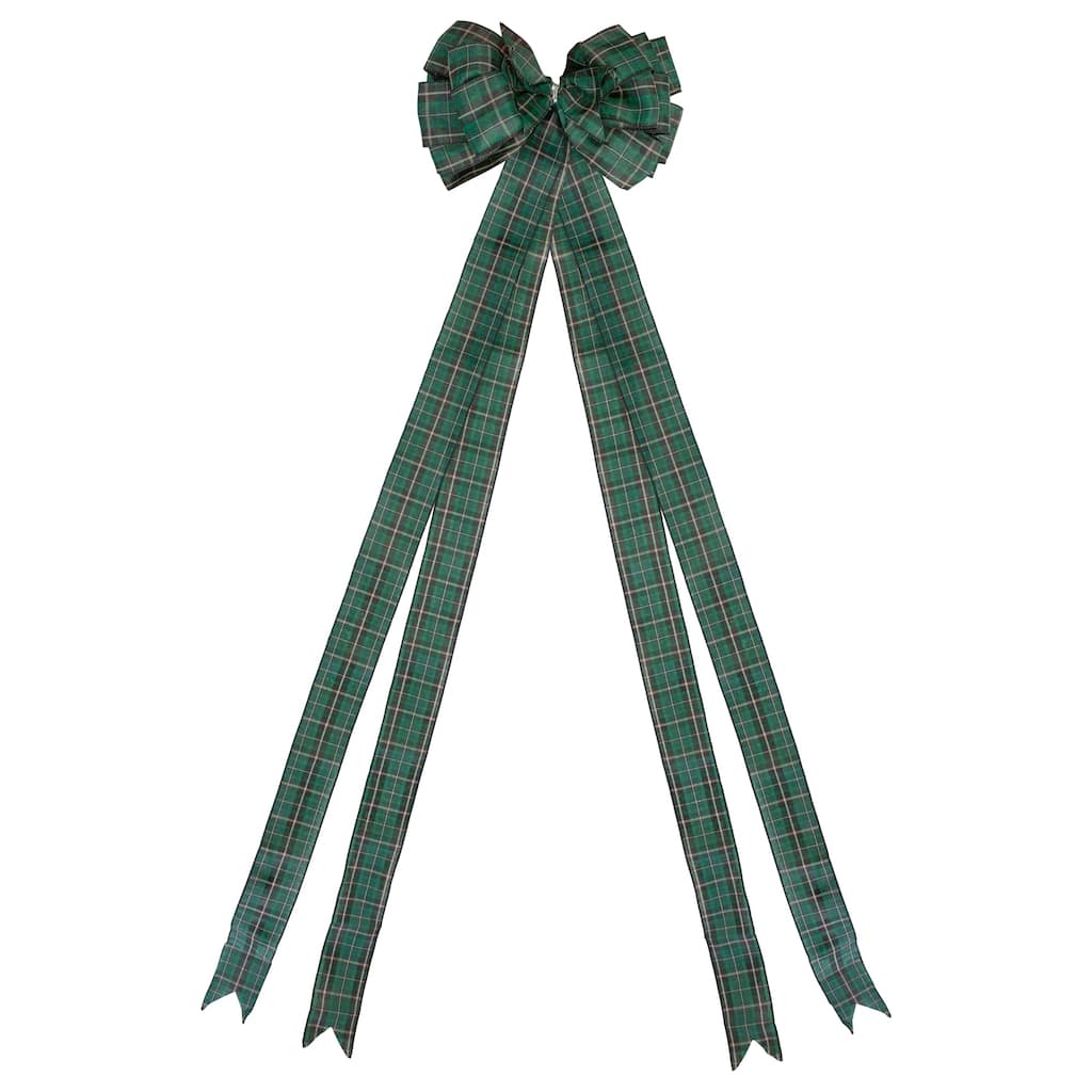 50" Green and Black Plaid 16 Loop Christmas Bow Decoration