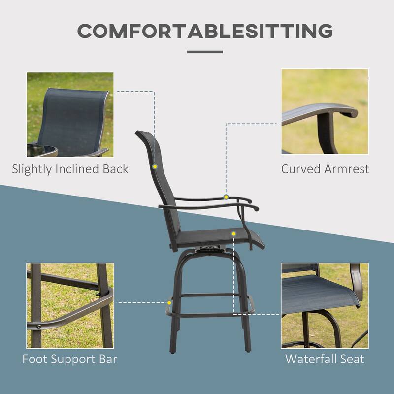 Outsunny Set of 2 Outdoor Swivel Bar Stools with Armrests, Bar Height Patio Chairs with Steel Frame for Balcony, Poolside - N/A