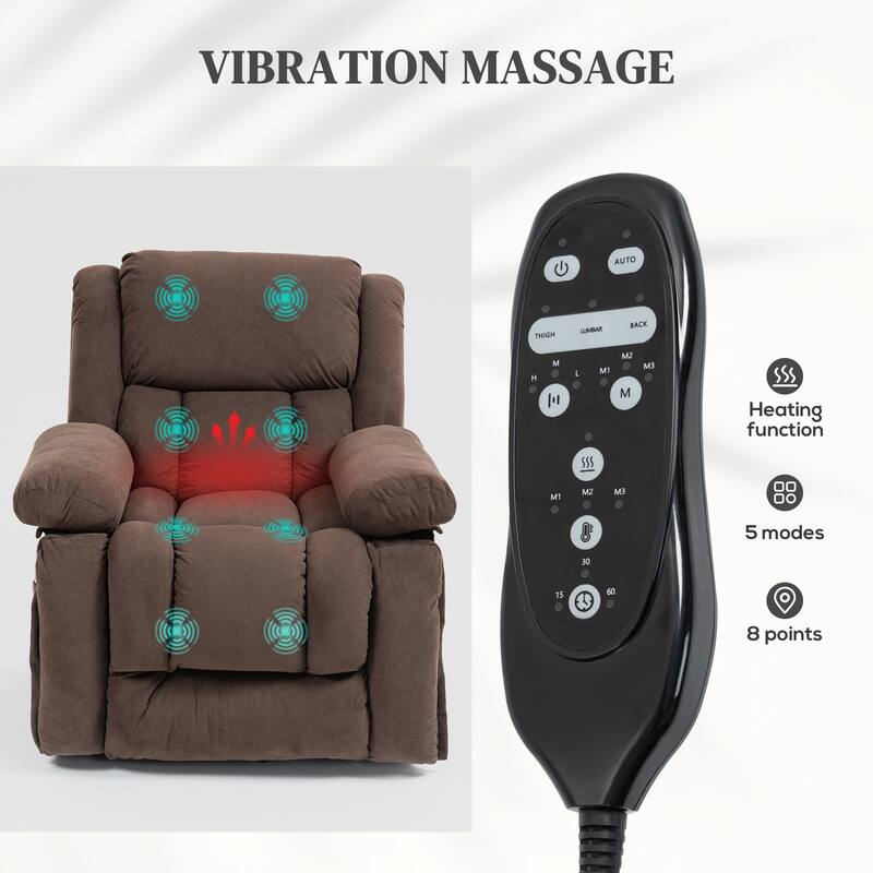 Brown Velvet Lift Recliner Massage Chair with Lumbar Heating Footrest USB Port and Side Pockets