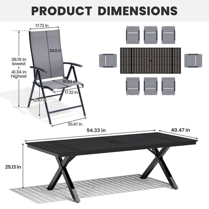 9PCS Outdoor Aluminum Rectangular Dining Table with Umbrella Hole and Folding Chairs