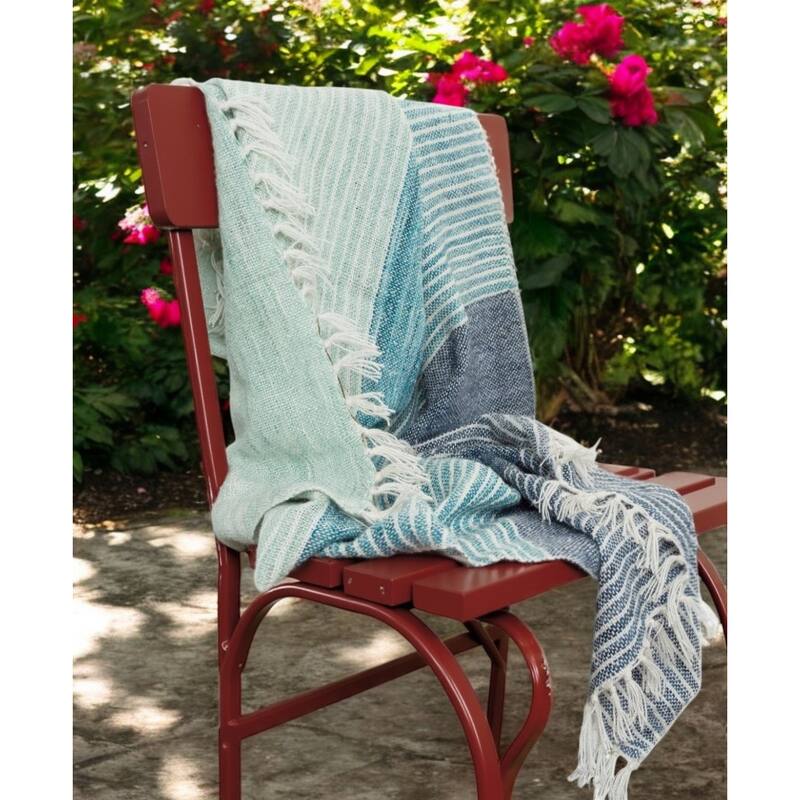 HomeRoots 50" X 60" Aqua Blue Teal And Ivory Recycled PET Woven Stripe Throw Blanket with Tassels