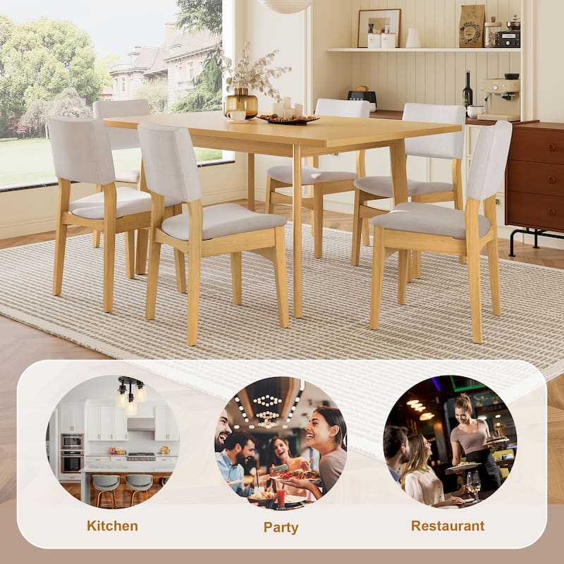 7 Piece Dining Table Set with Rectangular Wood Table and Upholstered Linen Chairs