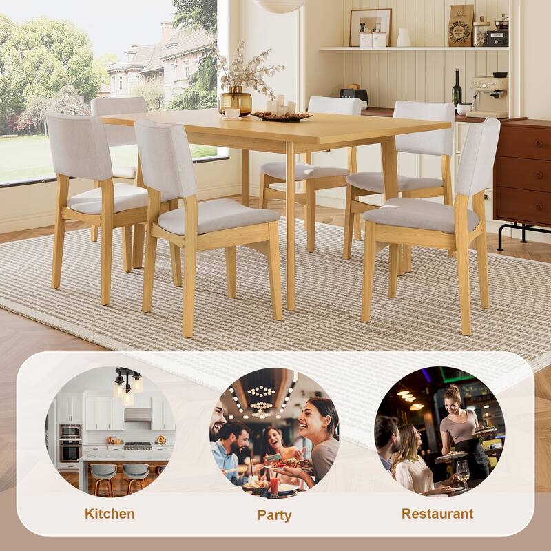 7-Piece Modern Dining Set: Rectangular Solid Wood Table & 6 Upholstered Linen Chairs, Dining Room Set