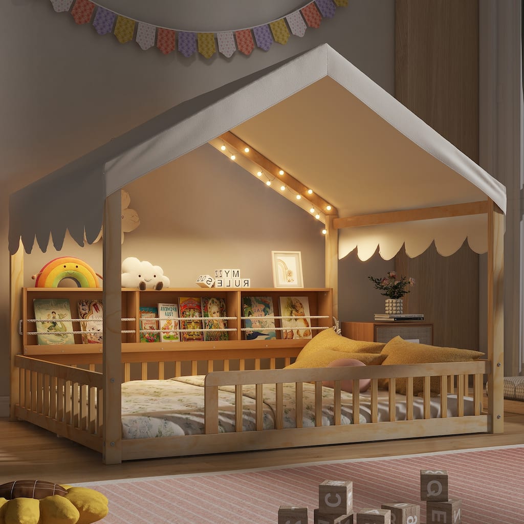 Full Size House-Shaped Daybed with Storage Bookshelves, Canopy Curtain and LED Light, Wooden Floor Bed with Fence