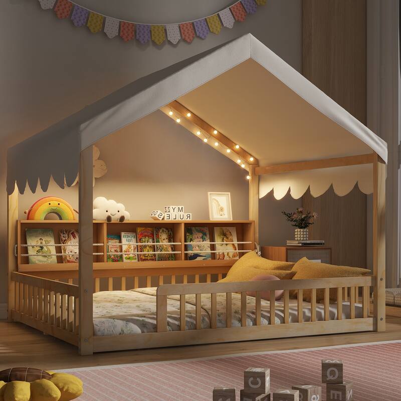 Full Size House-Shaped Daybed with Storage Bookshelves, Canopy Curtain and LED Light, Wooden Floor Bed with Fence - Natural Beige - Full