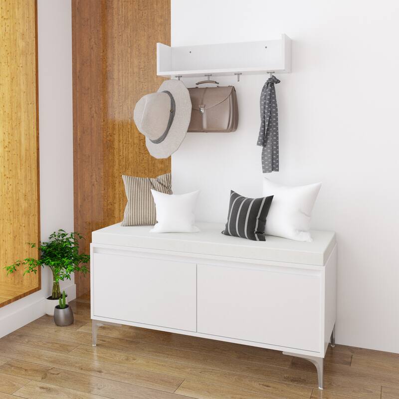 Anmytek White Storage Bench with Hooks Entryway Shoe Organizer and Living Room Seating