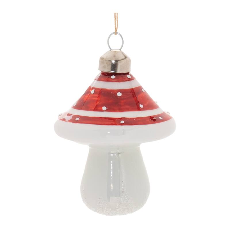 Glass Glittered Mushroom Ornaments Set of 6 with Hanging Strings - 2.5” x 2.5” x 3” (L x W x H)