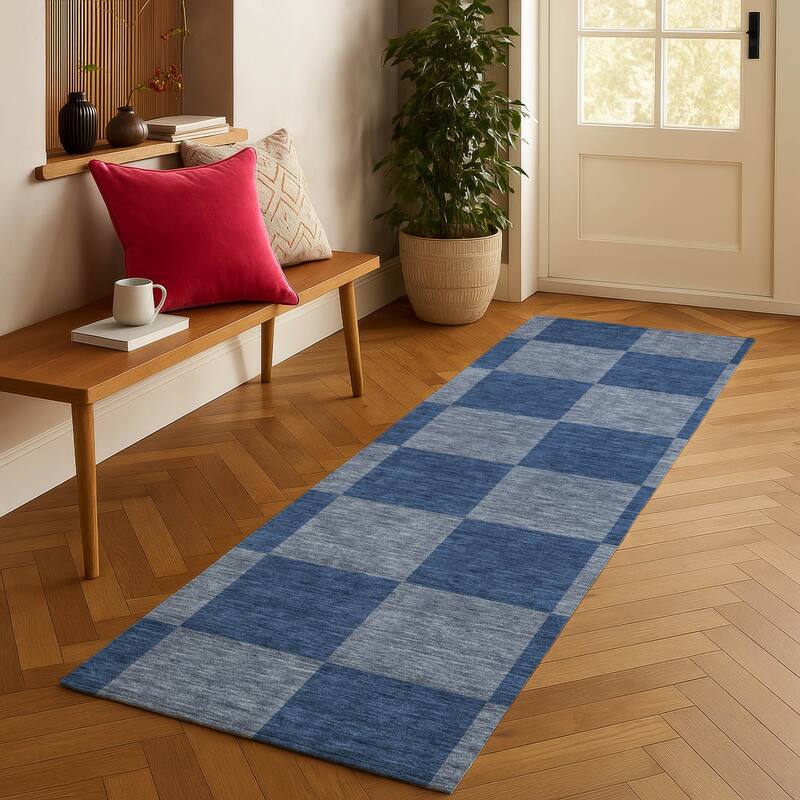 Machine Washable Indoor/ Outdoor Modern Checker Chantille Rug