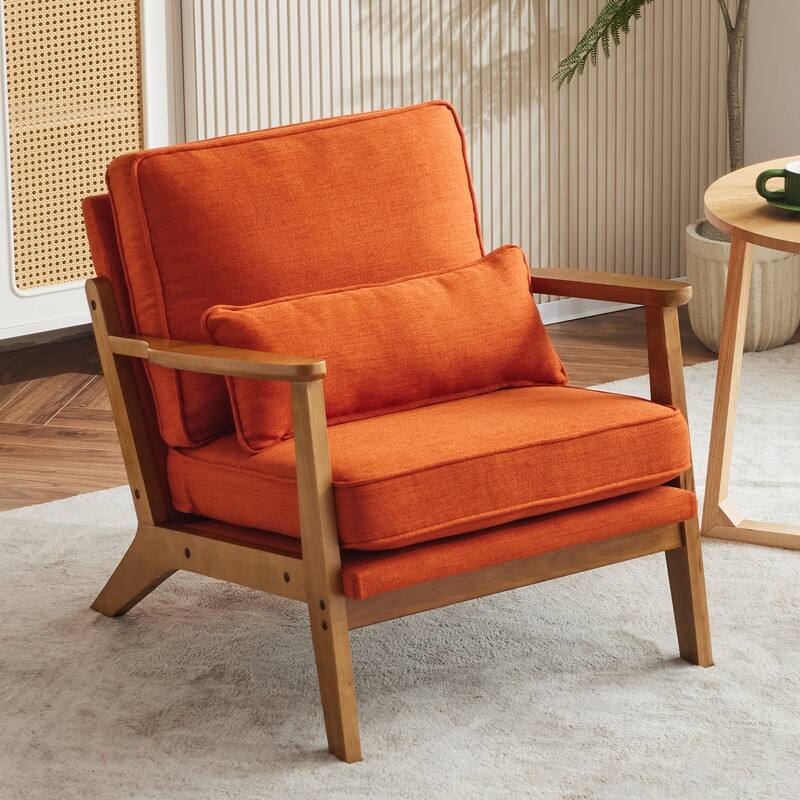 Upholstered Linen Blend Accent Chair with Wooden Legs and One Pillow Beige - Orange