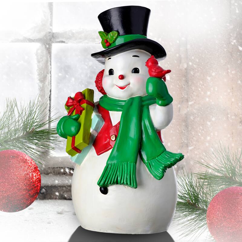 13.5" Resin Snowman Holding Gifts & Cardinal
