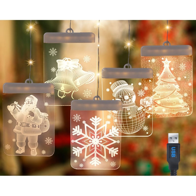 Christmas Window Lights - 3D Acrylic LED Hanging Decoration Curtain Light Santa, Snowflake, Snowman, Tree & Jingle Bells USB - Clear - Christmas Novelty Lights - Acrylic