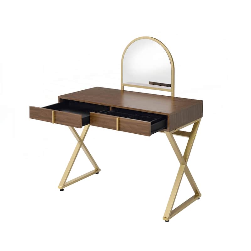 Coleen Walnut & Gold Finish Vanity Desk