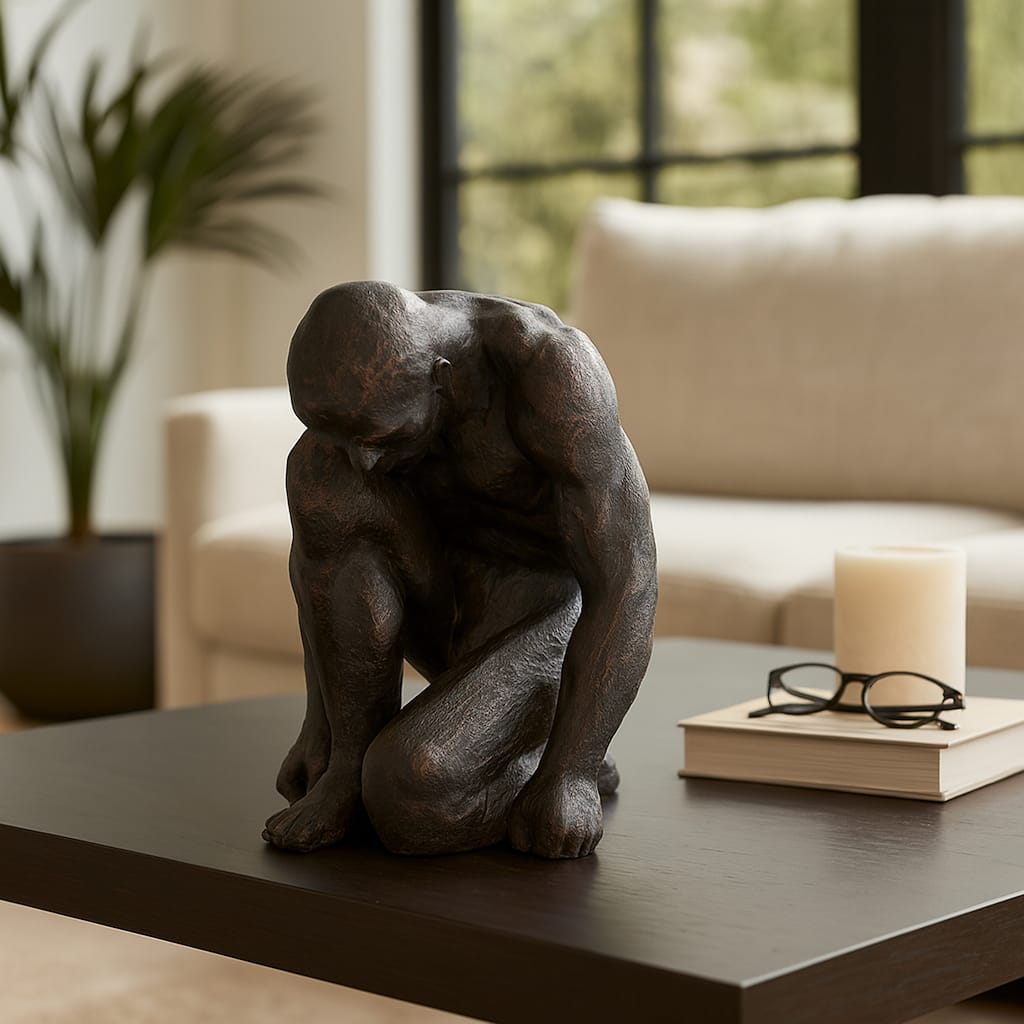 Modern Resin Kneeling Figurative Statue - 16", Black - 15.0"