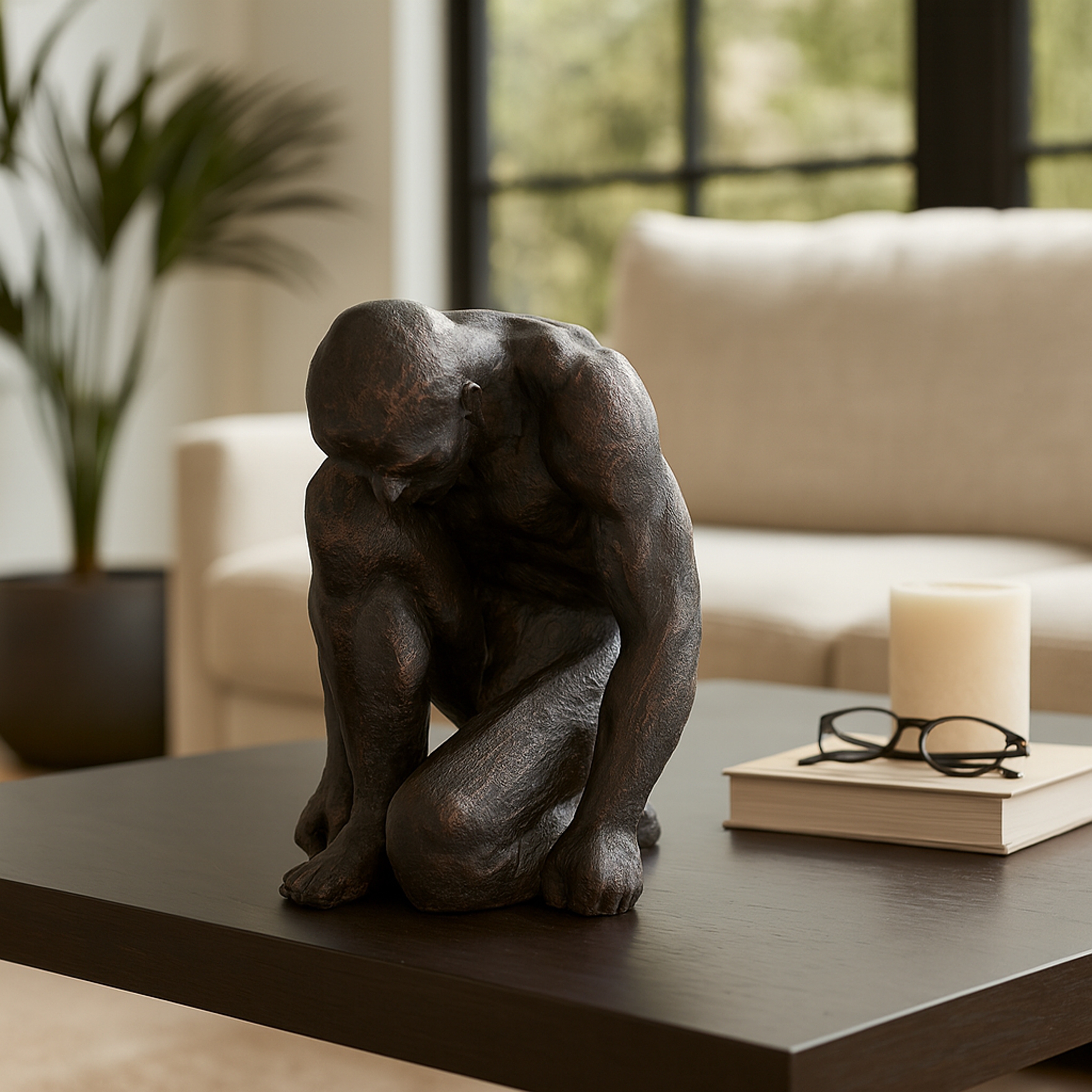 Modern Resin Kneeling Figurative Statue - 16", Black - 15.0"
