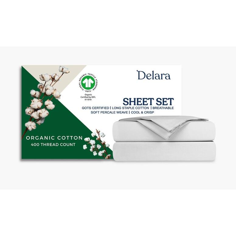 Delara 100% Organic Cotton Percale Sheet Set, GOTS Certified, 400 Thread Count, Ultra Soft, Smooth & Breathable - Full (90"X105") - Light Grey