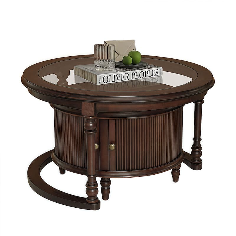 Nesting Table for Living Room, 31.5'' Coffee Table Fluted Set of 2, Tempered Glass Solid Wood Tabletop