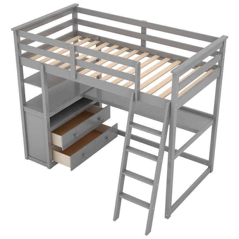 Loft Bed with Desk and Shelves, Two Built-in Drawers