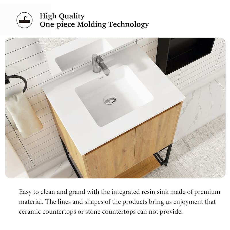 Freestanding Bathroom Vanity Set in Oak with Integrated Solid Surface Sink
