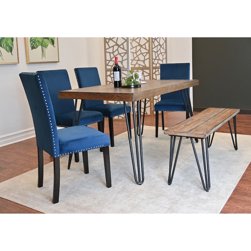 Roundhill Furniture Ashzo 6-Piece Dining Set, Hairpin Dining Table with 4 Chairs and Bench