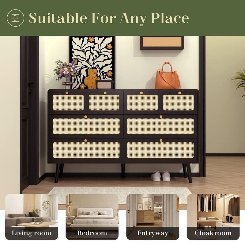 Modern Rattan Dressing Counter with Metal Handle Drawers