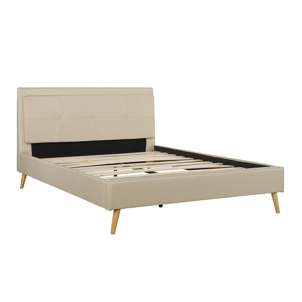 Modern Upholstered Bed Frame With Wooden Legs Overstock 31497474 Beige Queen