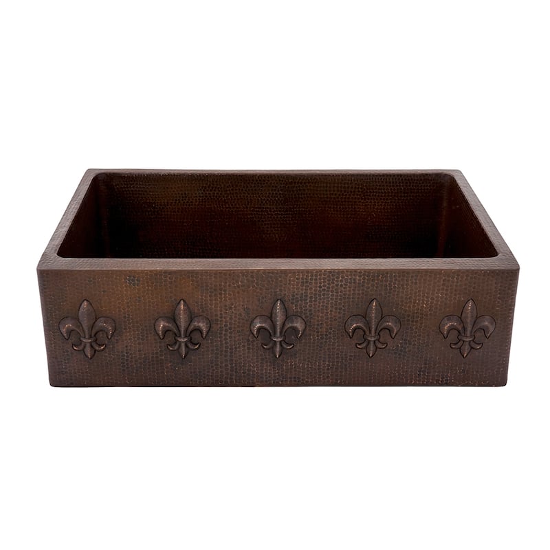 33-in Hammered Copper Kitchen Apron Single Basin Sink w/ Fleur De Lis with Matching Drain and Accessories (KSP3_KASDB33229F)