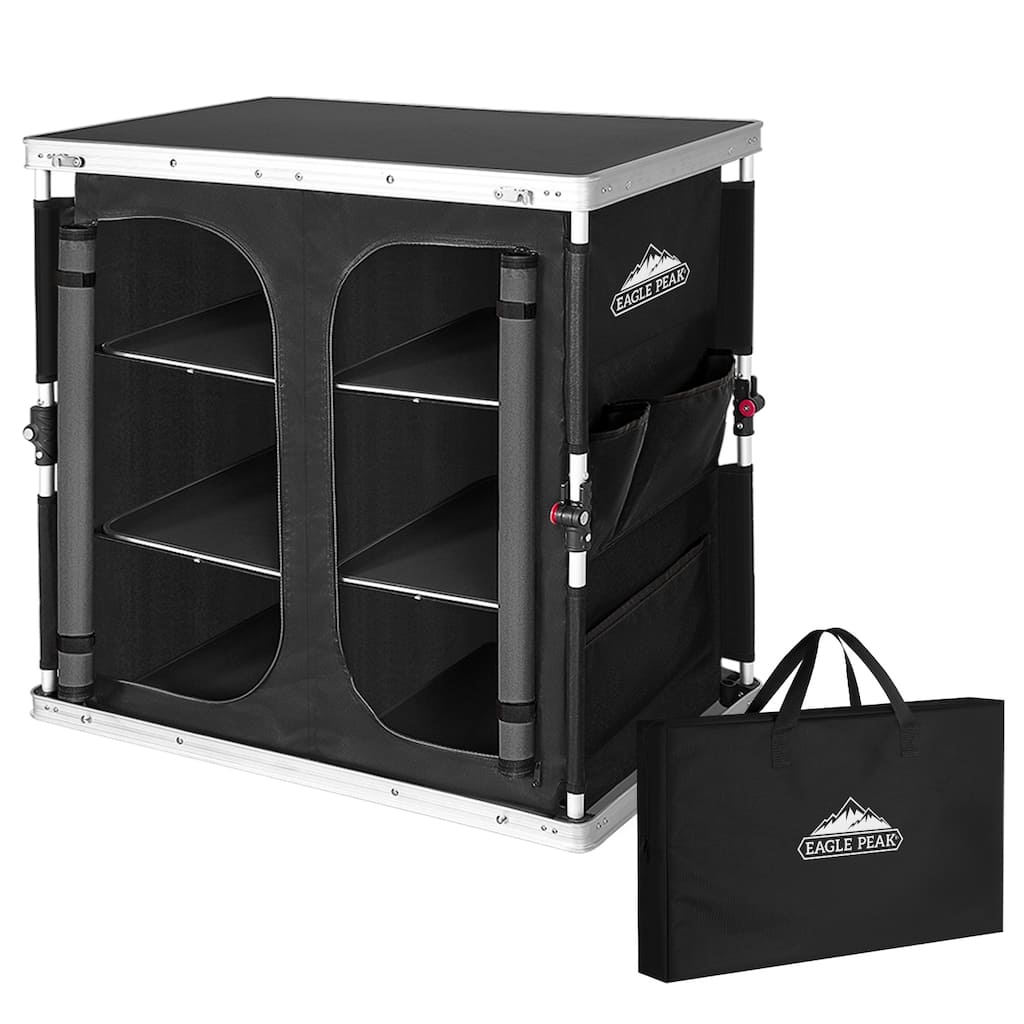 EAGLE PEAK Double Outdoor Folding Camping Table with Large 3-Tier Storage Organizer, Black