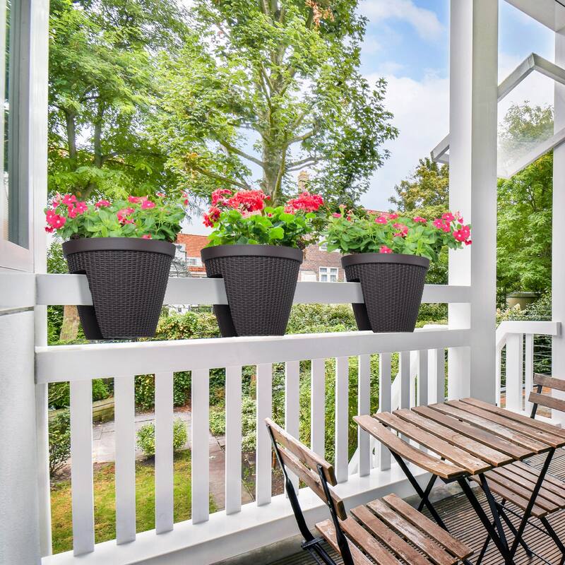 Aoodor 12'' Balcony Rattan Pattern Railing Planter Box with Drainage Holes and Adjustable Brackets-Set of 4 - 12''×11''