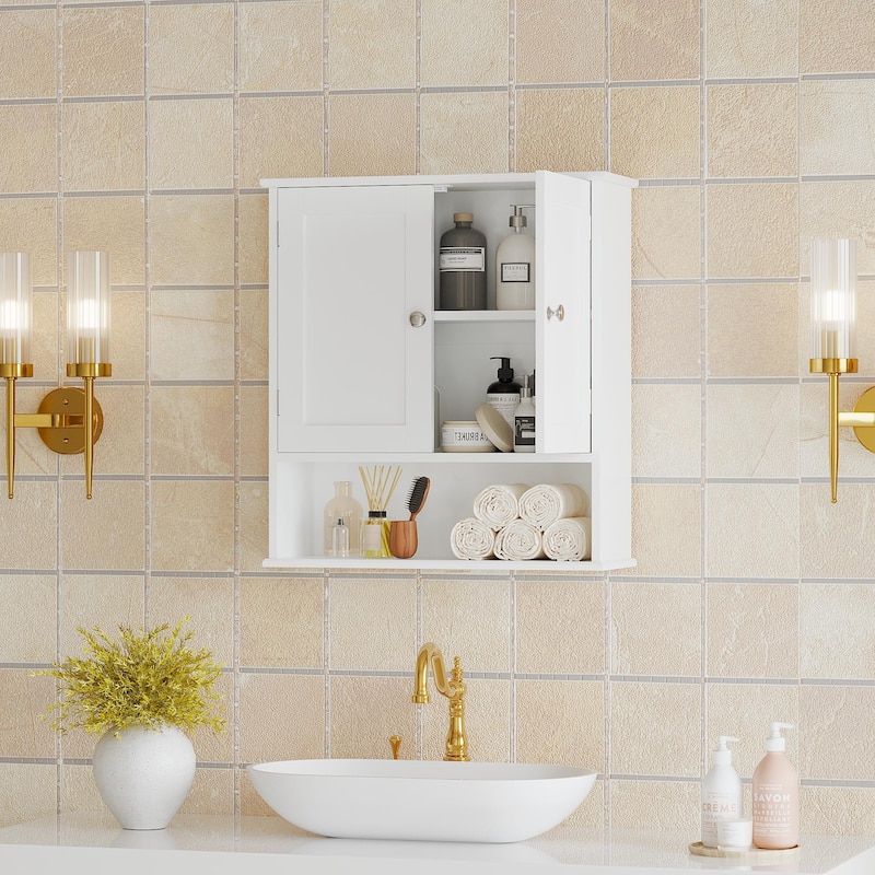 Bathroom Wall Cabinet with Door, Over Toilet Storage Cabinet with and Adjustable Shelves, 3-Tier Medicine Cabinet Wall Mounted