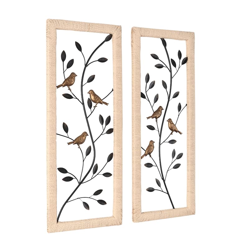 Metal Leaf Wall Decor with Cream Rattan Frame and Bronze Bird Accents - Set of 2 Black - Roche River Decor