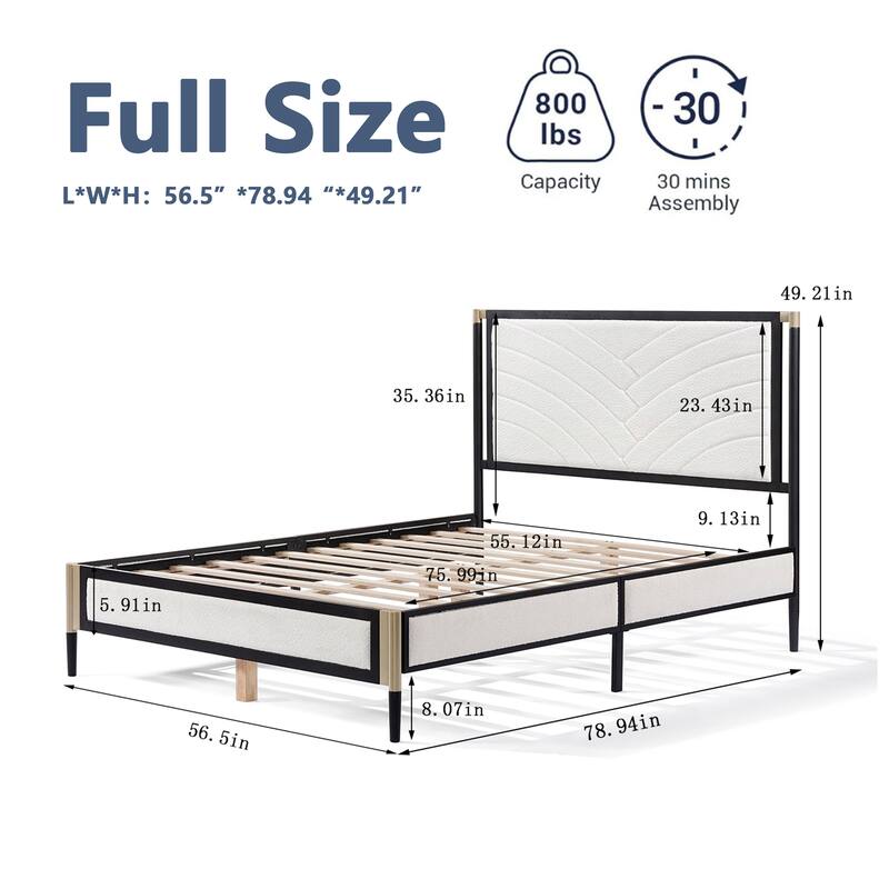 Full Size Platform Bed with White Boucle Headboard, Champagne Silver & Black Metal Frame