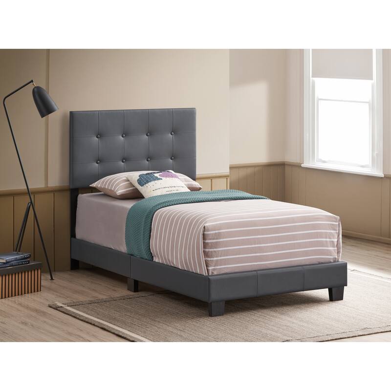 Twin Size PU Platform Bed with Foam Padding - DARK GREY
