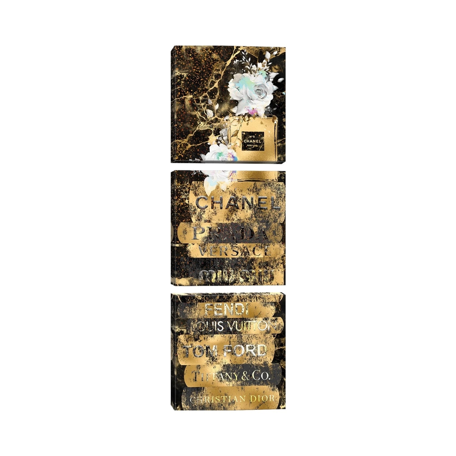 iCanvas Gold Grunge Fashion Book Stack With Perfume Bottle & Roses by Pomaikai  Barron 3-Piece Canvas Wall Art Set - Bed Bath & Beyond - 34179998