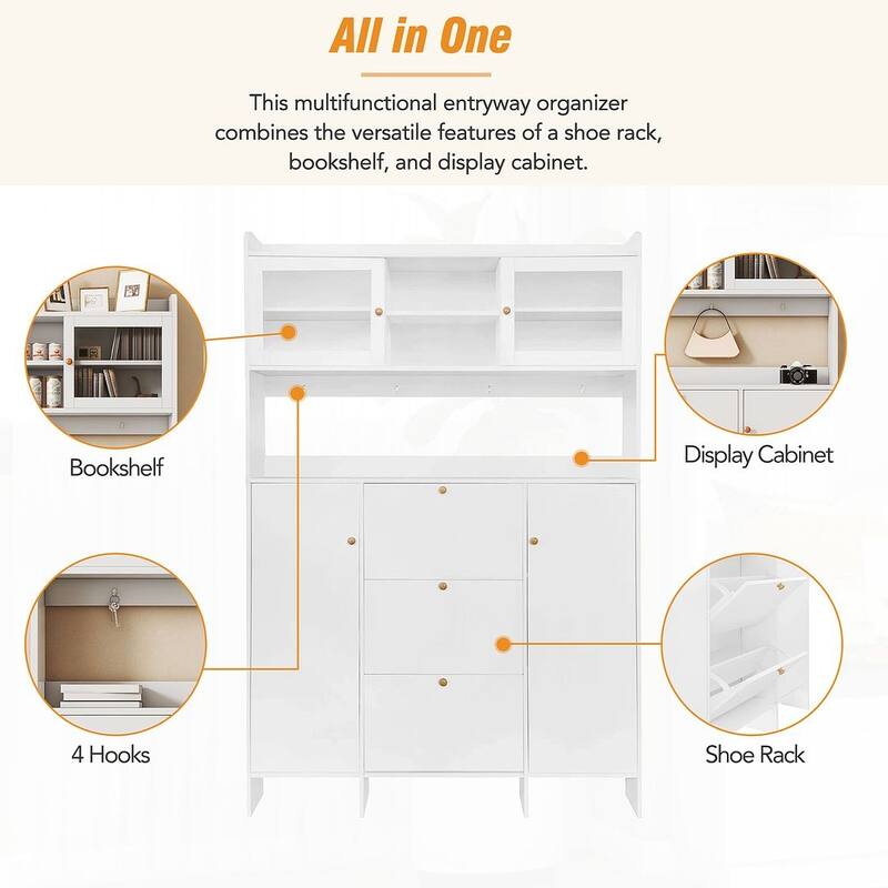 Hall Tree and Shoe Storage Bench with Flip Drawers and Doors
