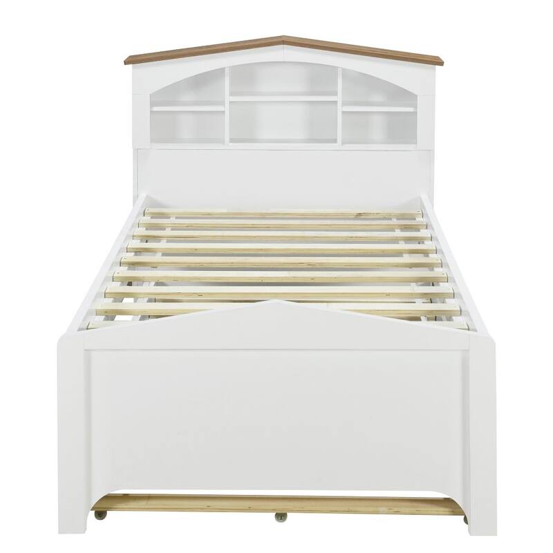Twin Size Wood Platform Bed with House-shaped Storage Headboard and Trundle