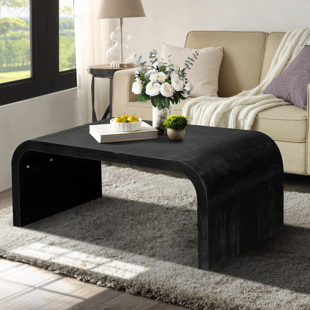 Farmhouse Wooden Curved Coffee Table with Open Storage and Distressed Finish by GDFStudio