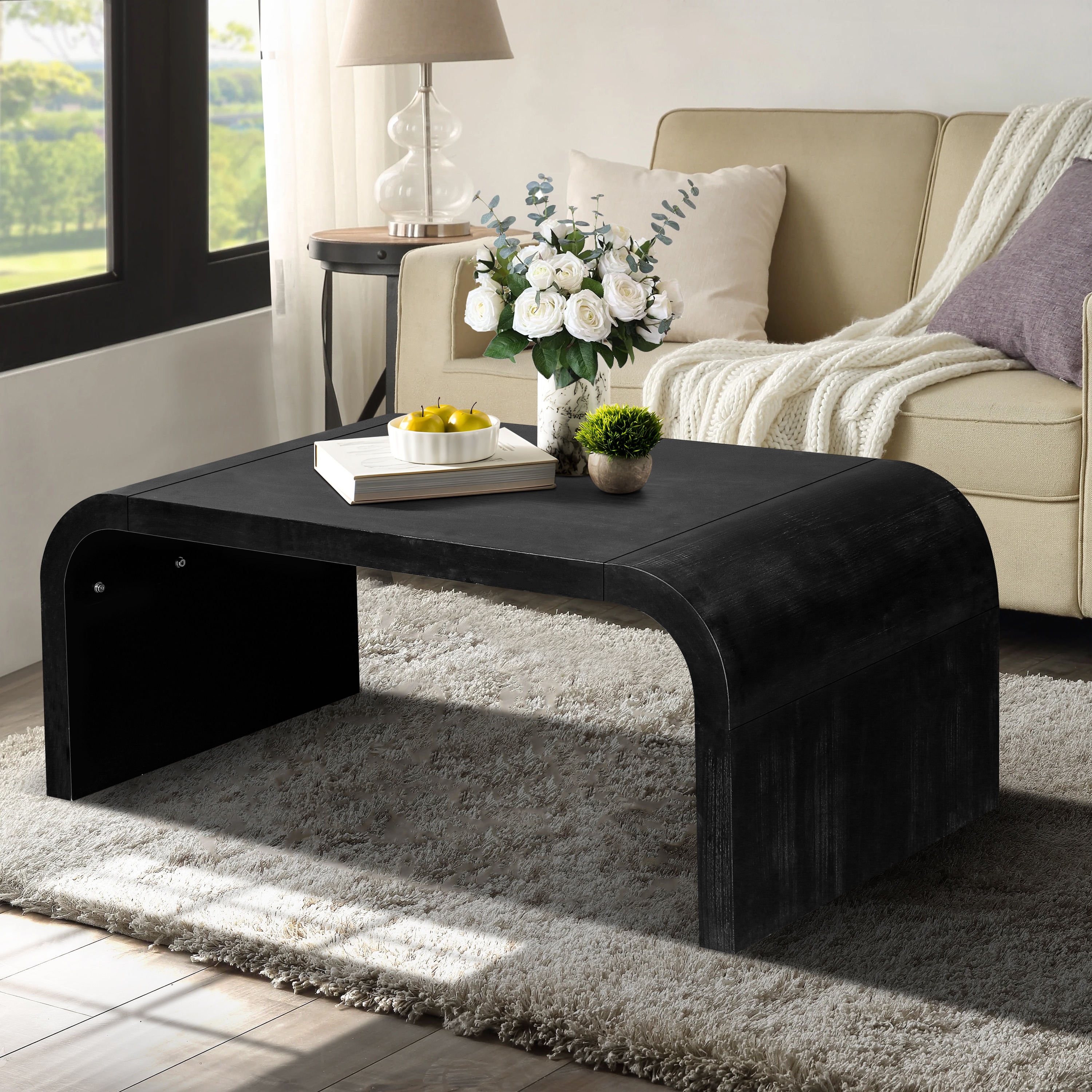 Roomfitters 48" Coffee Table, Curved Art Deco Center Table, Farmhouse Wood Cocktail Table, Antique Black