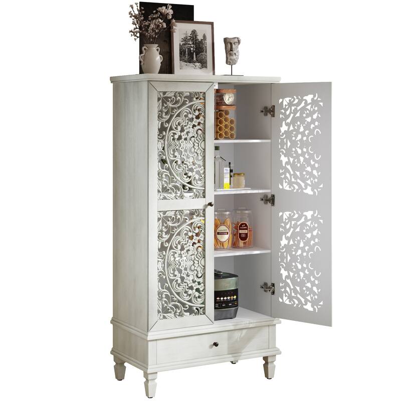 GDF Studio - Maribelle Rustic 55" Tall Storage Cabinet with Drawer, Decorative 2-Door Carved Wood Accent Cabinet