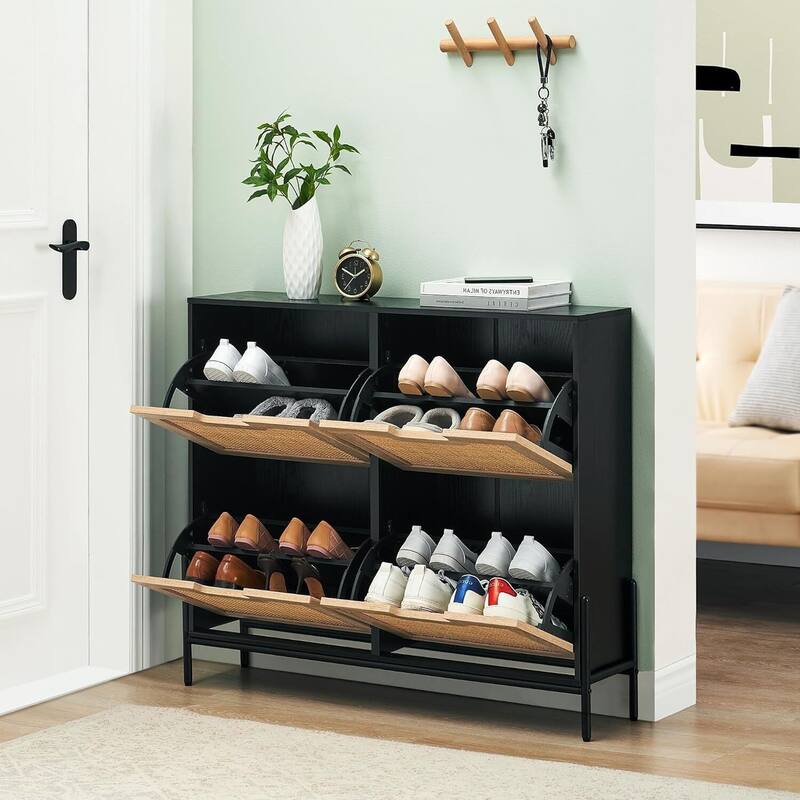 4-Door Freestanding Rattan Shoe Cabinet Organizer with Adjustable Shelves - Black