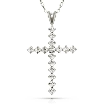 Curata 14k Gold 18" Round Cubic Zirconia Tailored Cross Pendant Necklace