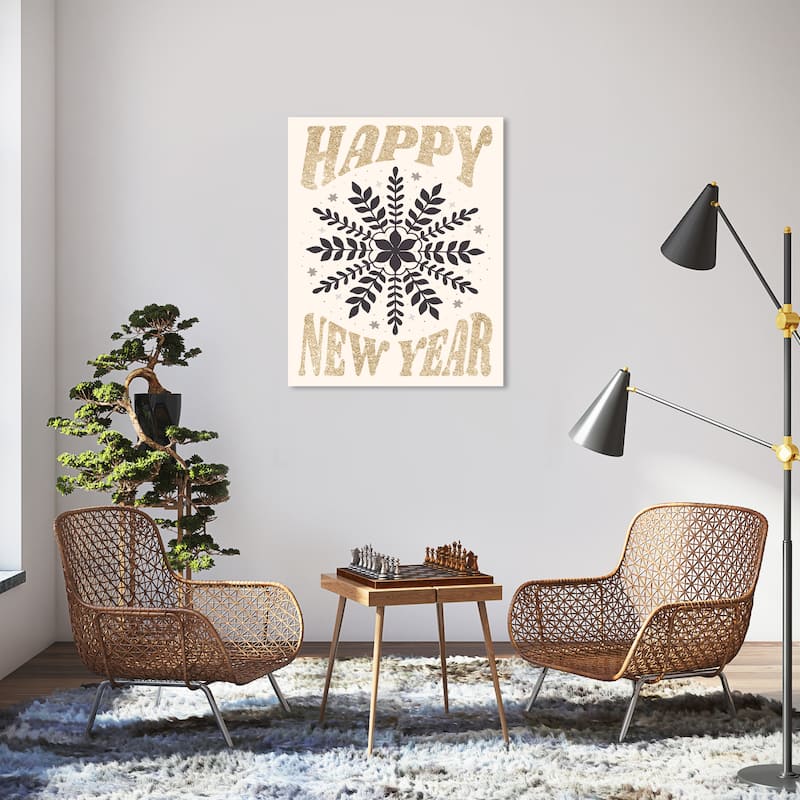 Wynwood Studio Canvas Holiday and Seasonal Happy New Year Snowflake Gold Glam Wall Art Canvas Print - 30 x 36