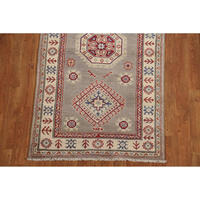 Geometric Grey Kazak Runner Rug Handmade Wool Carpet - 2'10" x 19'7"