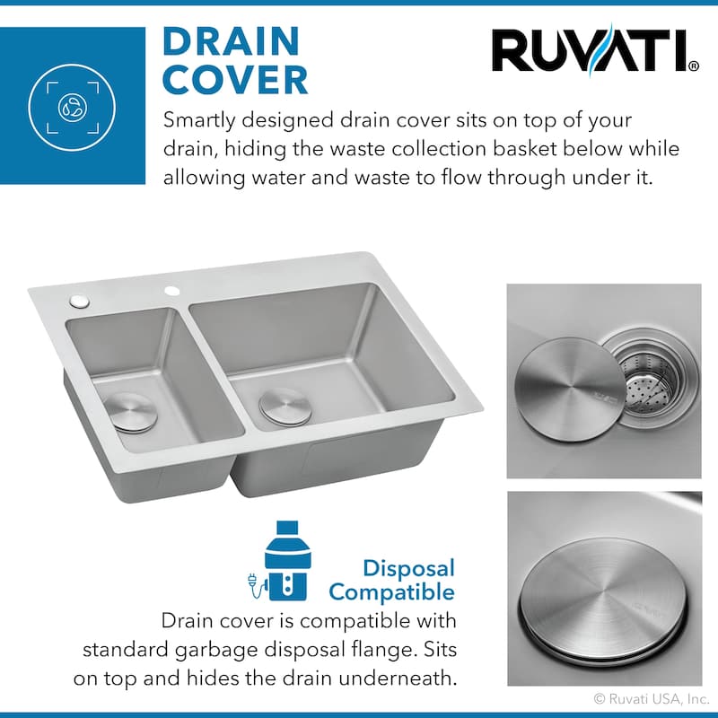 Ruvati 33 x 22 inch Drop-in Topmount Kitchen Sink 16 Gauge Stainless Steel 30/70 Double Bowl - RVM5176 - 8' x 11'