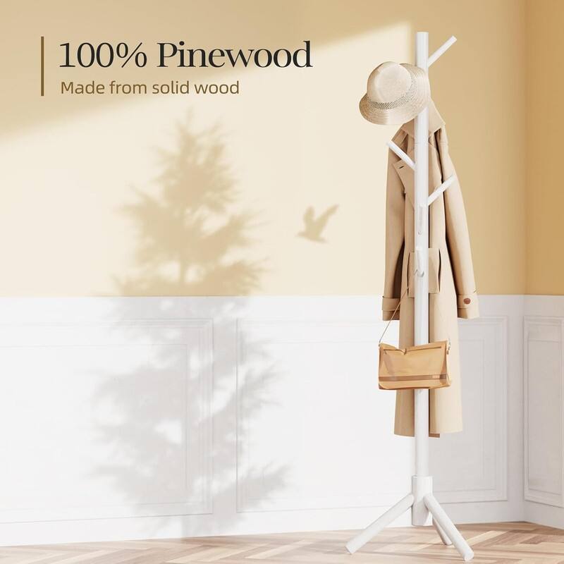 Sturdy Wooden Coat Tree with 8 Hooks, 3 Adjustable Sizes - ‎19.7"D x 19.7"W x 68.9"H