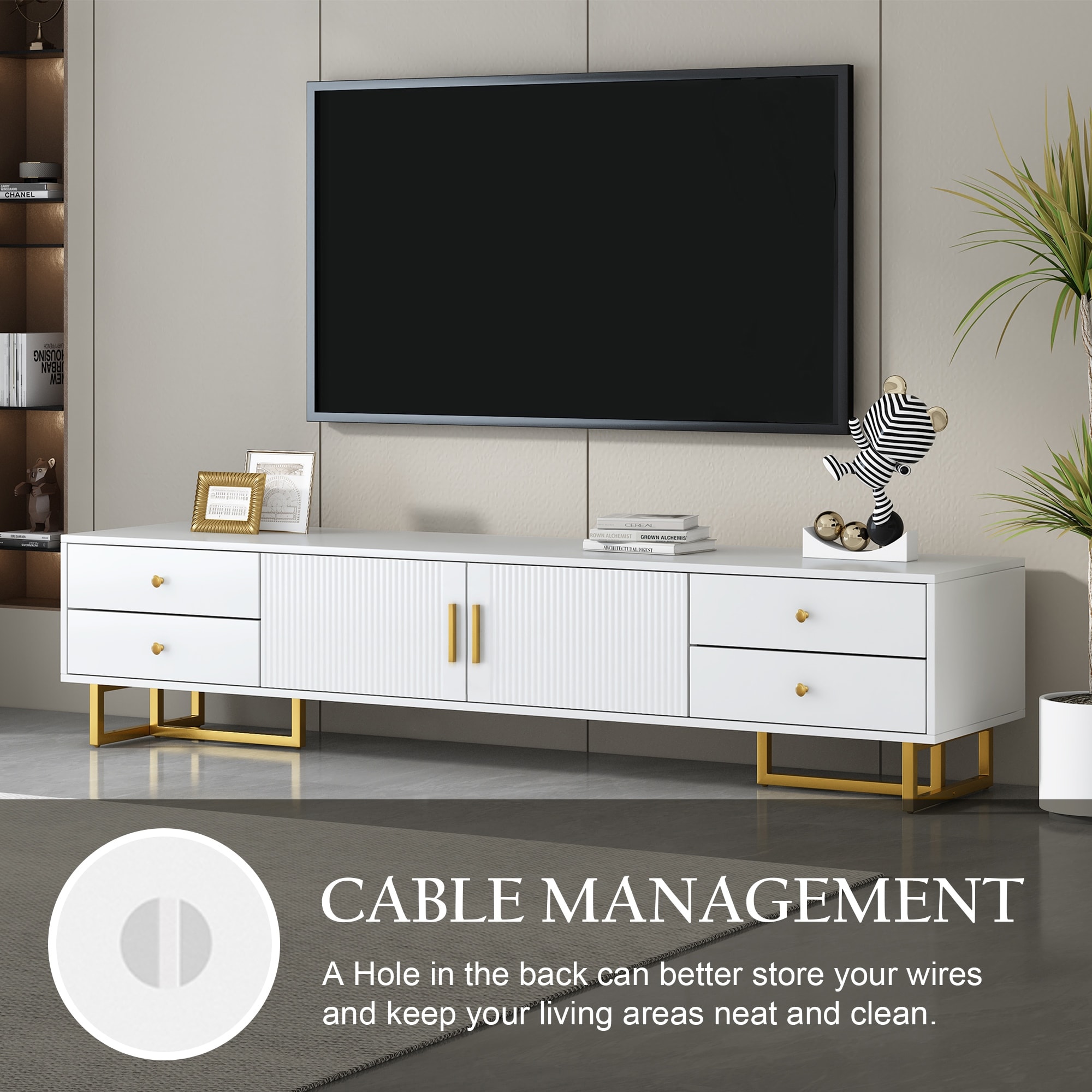 Modern TV Stand TV Console Table for 65+ Inch TV, T-shaped Metal Frame Media Cabinet Entertainment Center for Living Room